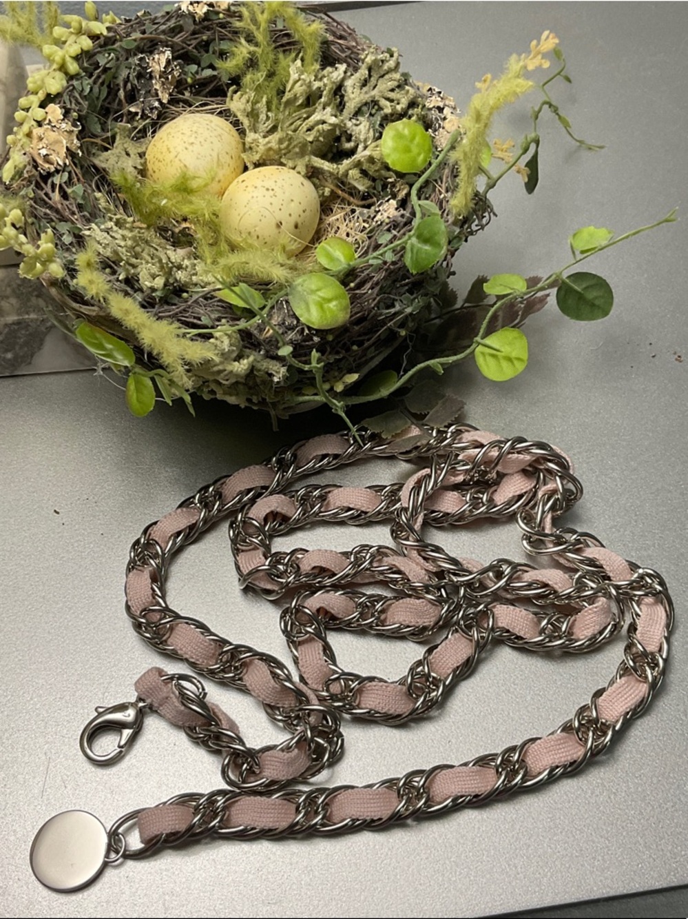 Designer-Style Pink Fabric & Silver Chain Belt